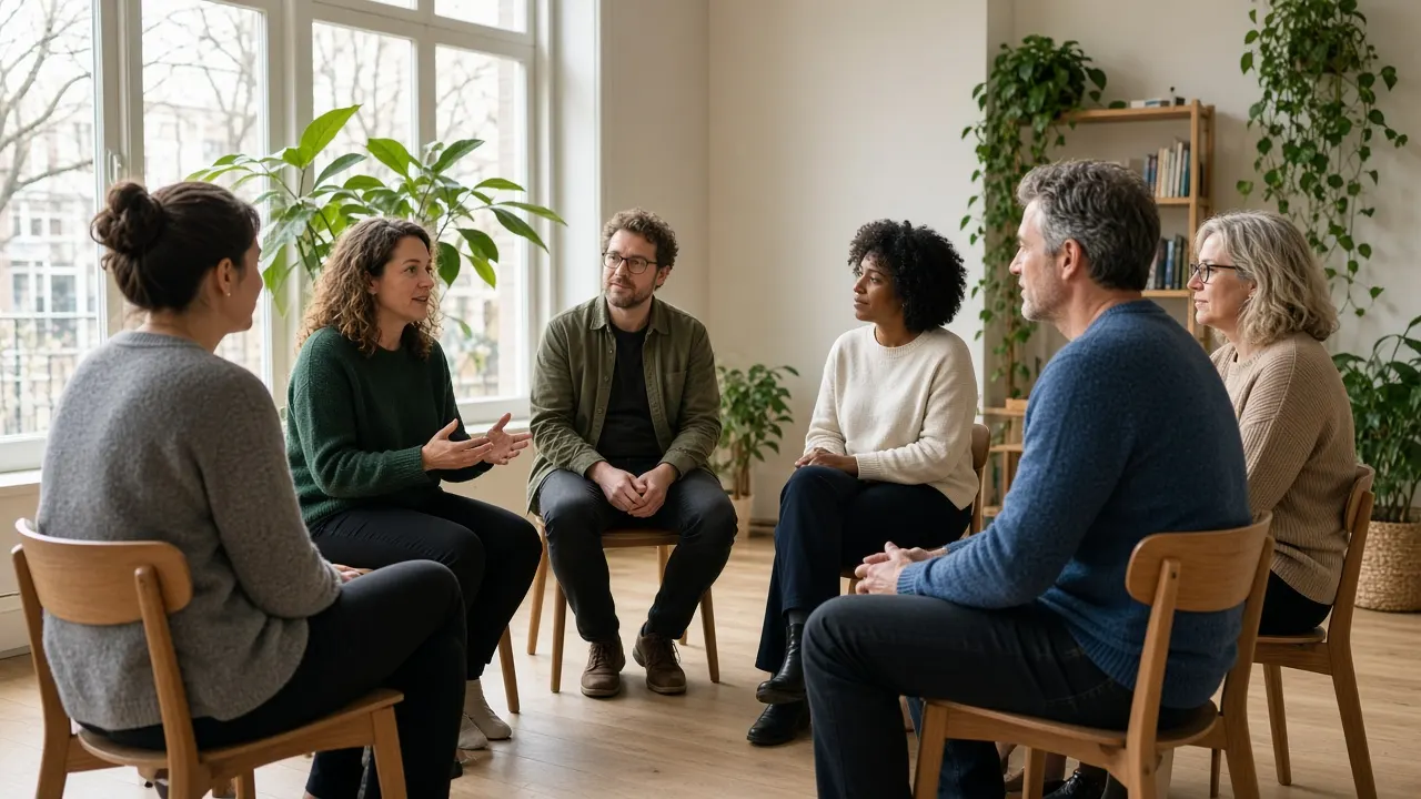 Zes deelnemers oefenen effectief communiceren in een kring tijdens een workshop in Utrecht