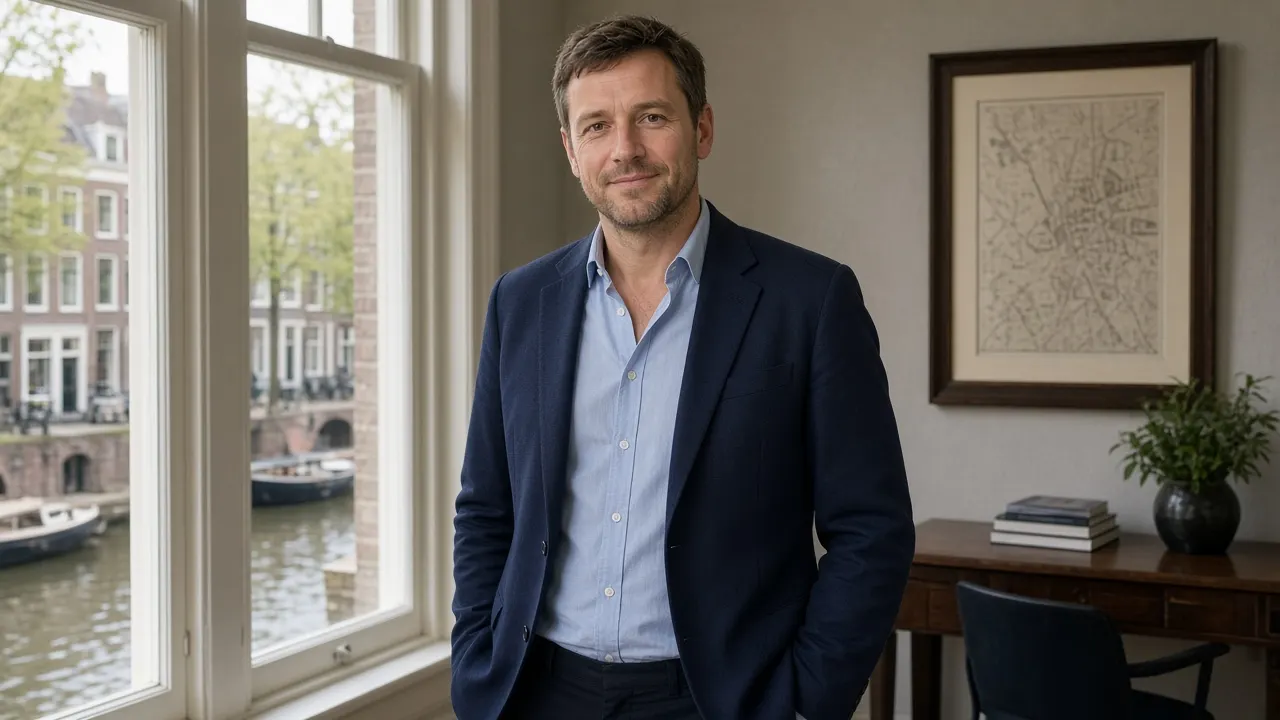 Frank van Dijk, trainer overtuigingskracht, staat bij het raam van de academie in Utrecht