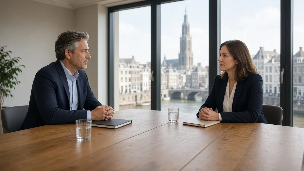 Twee professionals oefenen een zakelijke onderhandeling aan een lange tafel in Utrecht