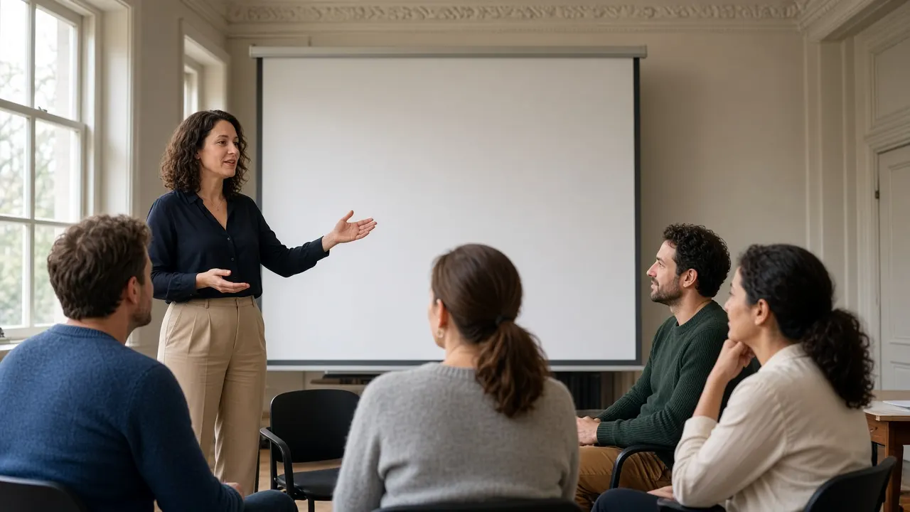 Een trainer presenteert voor een kleine groep tijdens een invloedstraining in Utrecht
